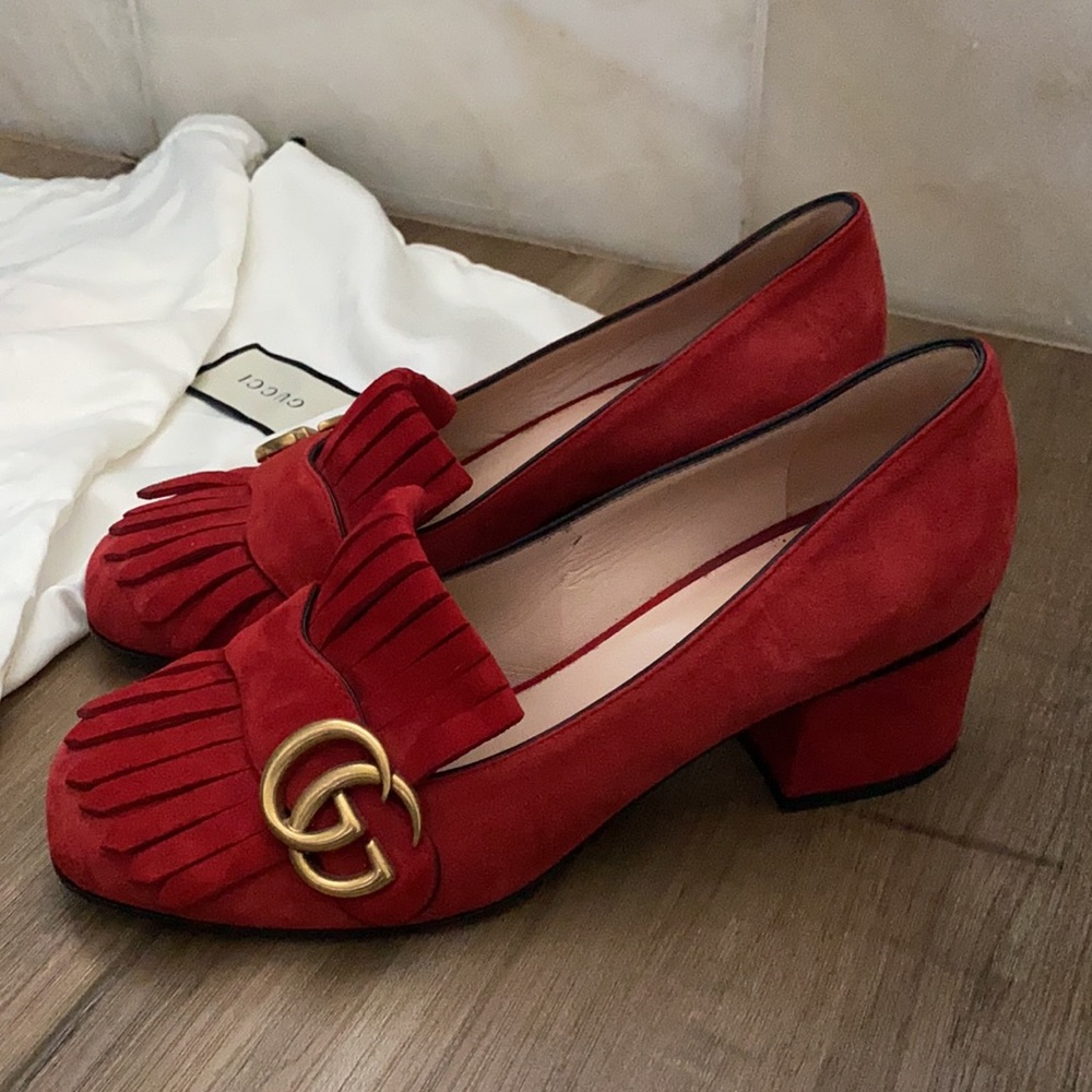 Gucci red suede marmont block mid heel loafers 36 - Picture 2 of 7